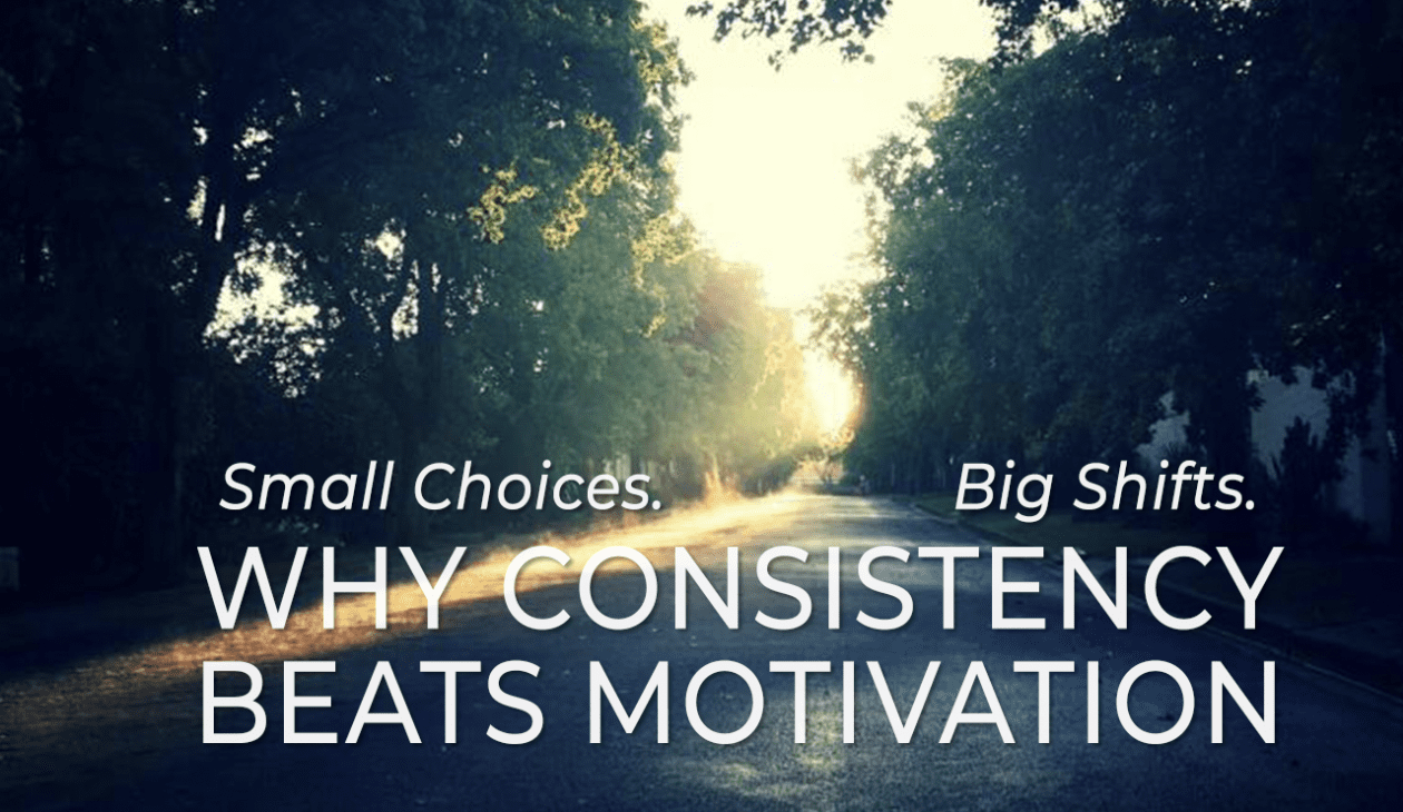Road with motivational text "Small Choices. Big Shifts. WHY CONSISTENCY BEATS MOTIVATION" - Chad Weller